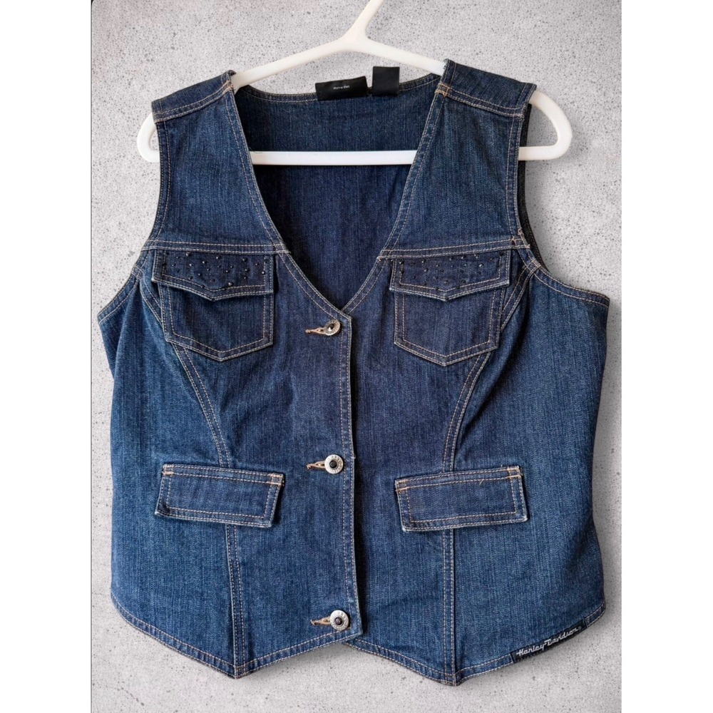 Harley-Davidson Denim Vest Womens Large Embroidered Logo Biker Y2K Bling Blue